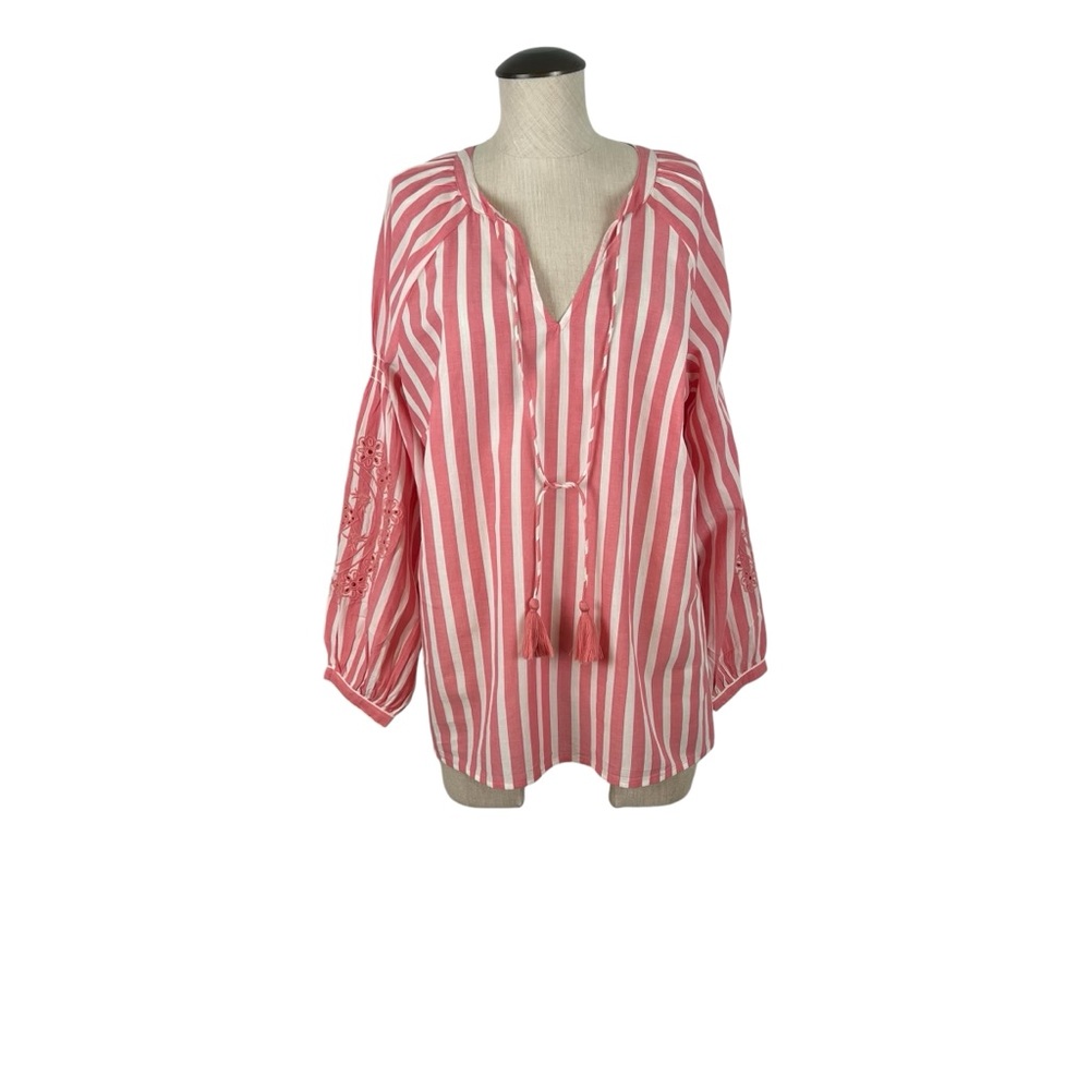 St John’s Bay NWT Women’s Striped Pink & White Embroidered Top Sz L 100%…